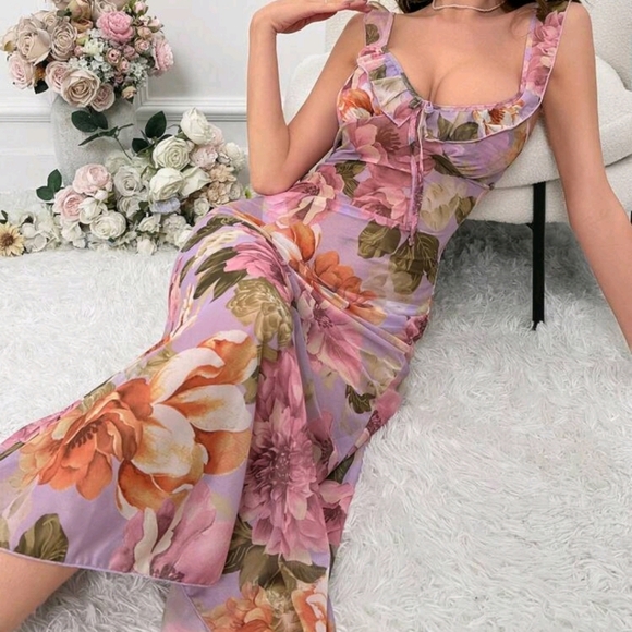 Floral Print Tie Front Ruffle Trim Mesh Pajama Nightdress Long Dress - Picture 3 of 6